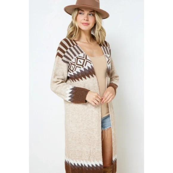 Taupe & Brown Aztec Tribal Western Boho Long Open Knit Cardigan Casual Sweater - Picture 8 of 8
